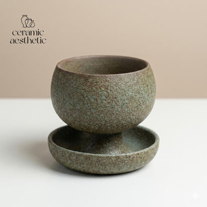 Creative Ceramic Round Coffee Cup With Saucer, Retro Rustic Stoneware Wabi Sabi Cappuccino Mug