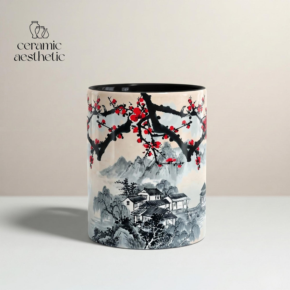 Ceramic Cherry Blossom Mug, Japanese Style Glazed Tea Cup, Asian Art Drinkware