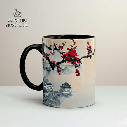 Ceramic Cherry Blossom Mug, Japanese Style Glazed Tea Cup, Asian Art Drinkware