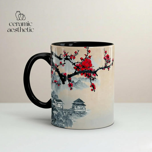 Ceramic Cherry Blossom Mug, Japanese Style Glazed Tea Cup, Asian Art Drinkware