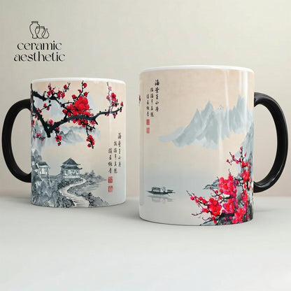 Ceramic Cherry Blossom Mug, Japanese Style Glazed Tea Cup, Asian Art Drinkware