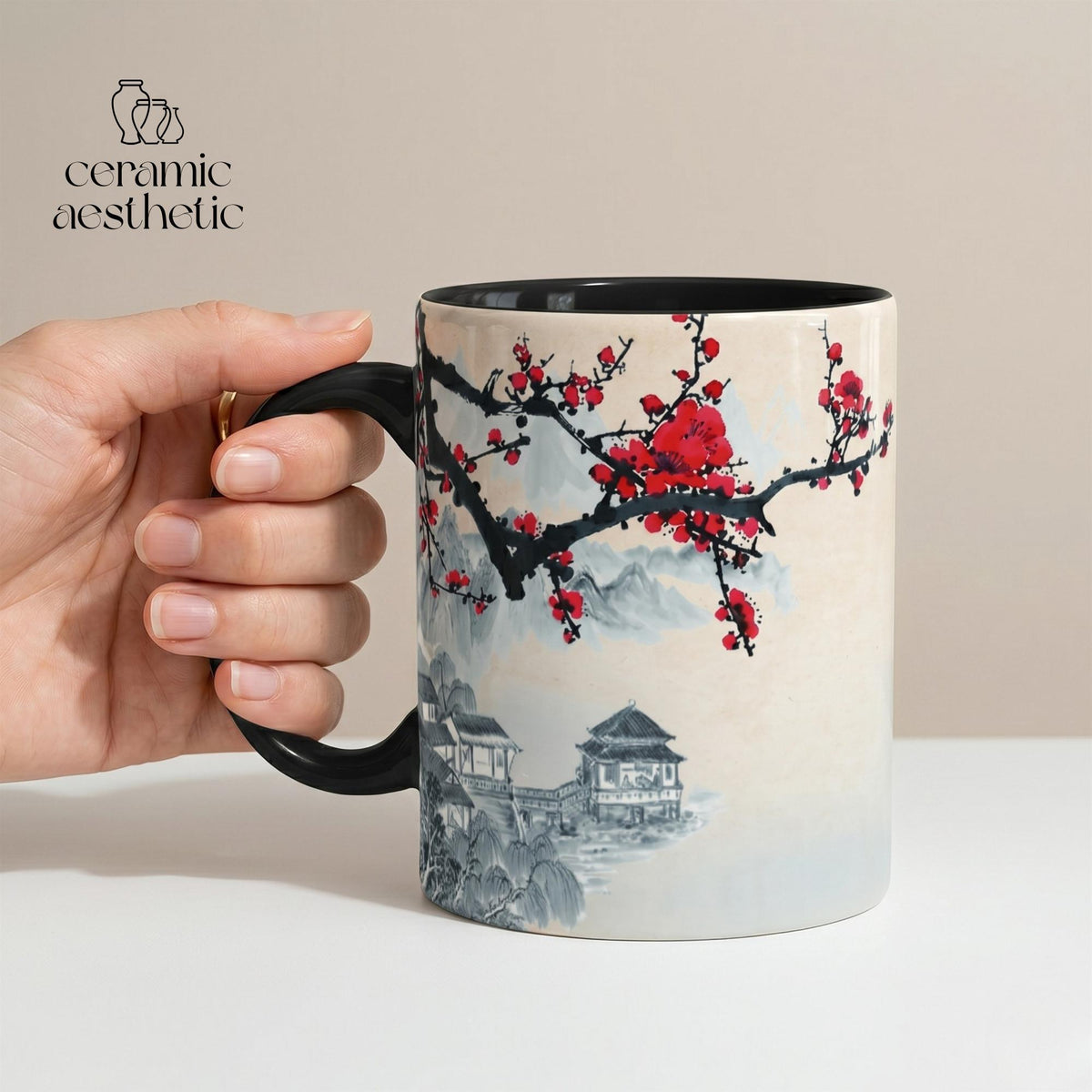 Ceramic Cherry Blossom Mug, Japanese Style Glazed Tea Cup, Asian Art Drinkware