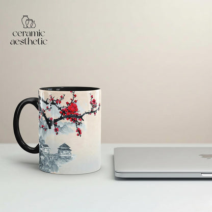 Ceramic Cherry Blossom Mug, Japanese Style Glazed Tea Cup, Asian Art Drinkware