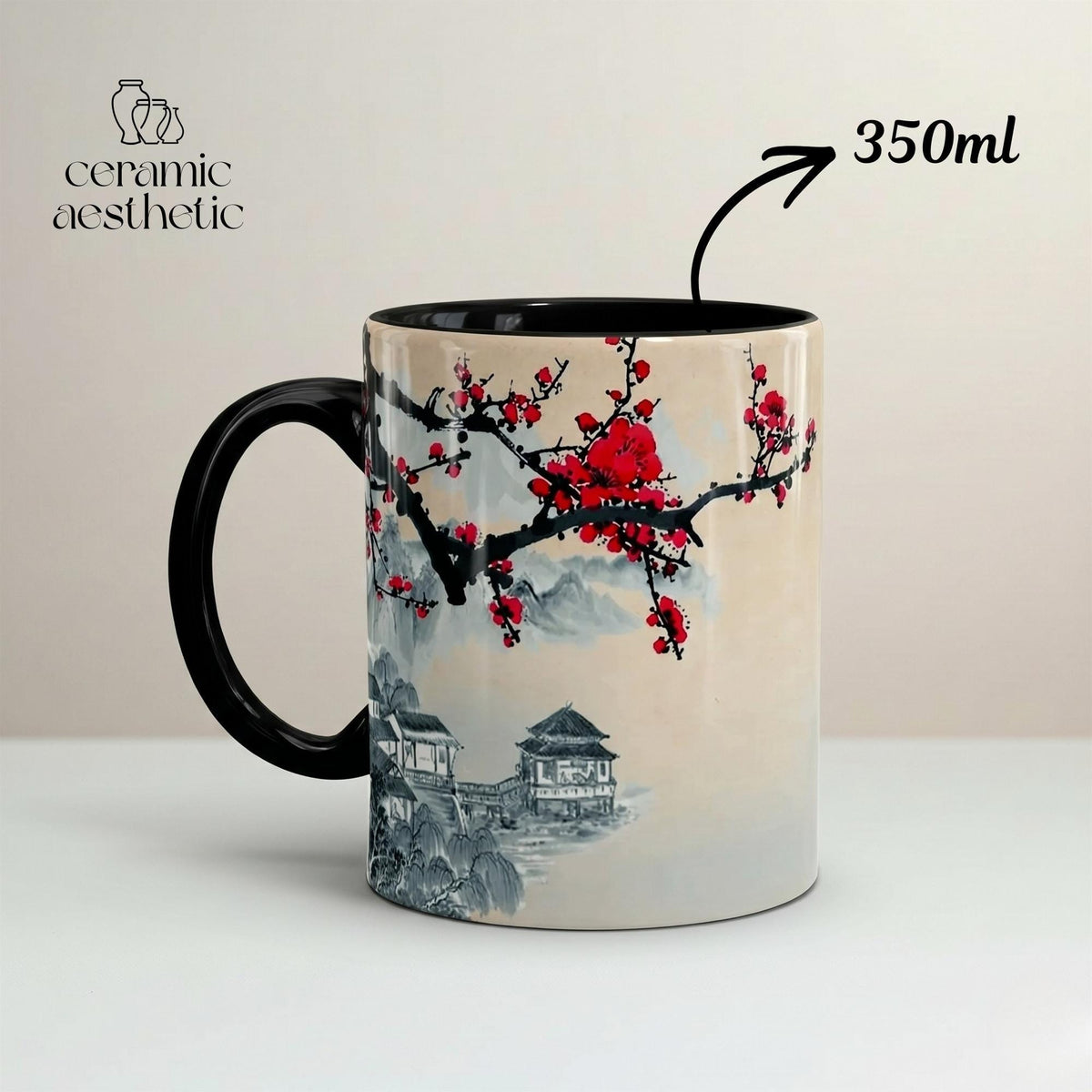 Ceramic Cherry Blossom Mug, Japanese Style Glazed Tea Cup, Asian Art Drinkware