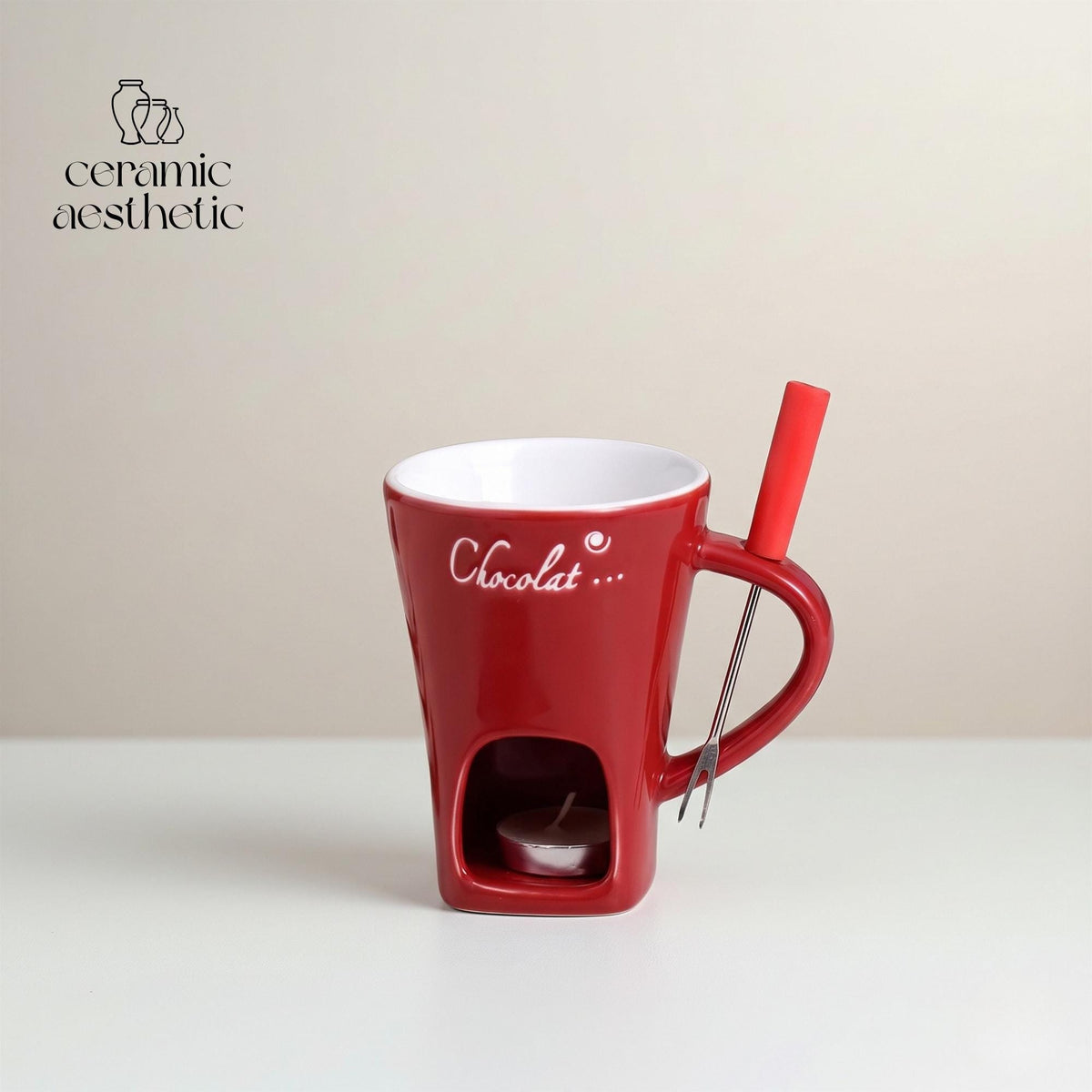 European Ceramic Melting Mug with Fork, Chocolate Cheese Fondue Cup