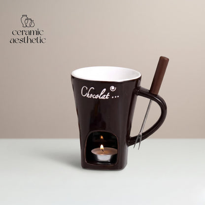 European Ceramic Melting Mug with Fork, Chocolate Cheese Fondue Cup