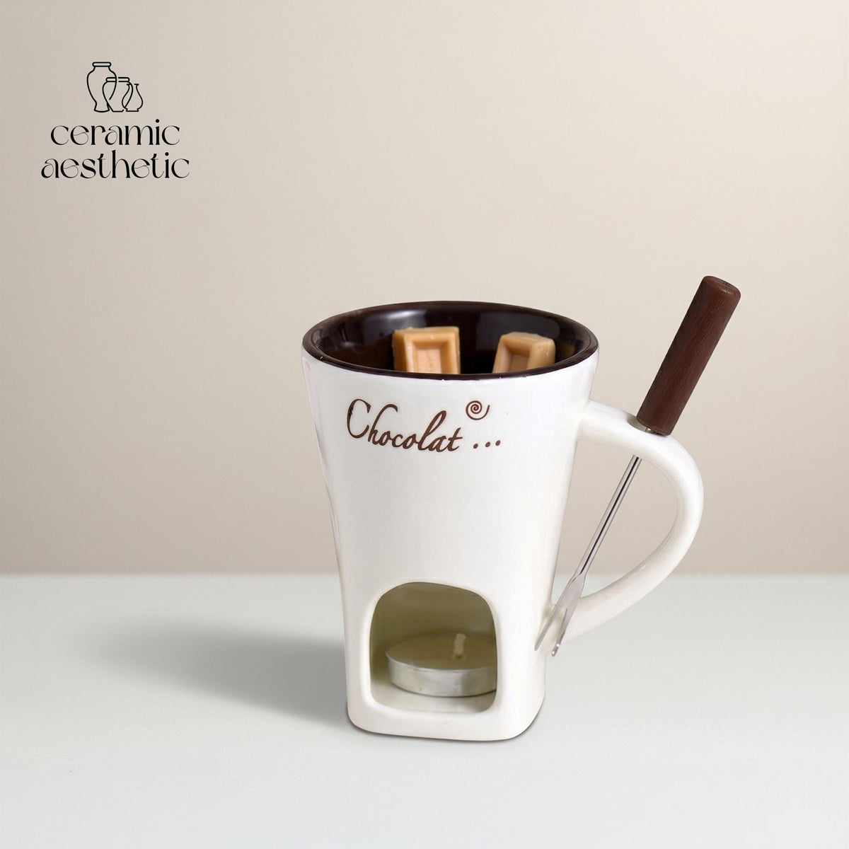 European Ceramic Melting Mug with Fork, Chocolate Cheese Fondue Cup