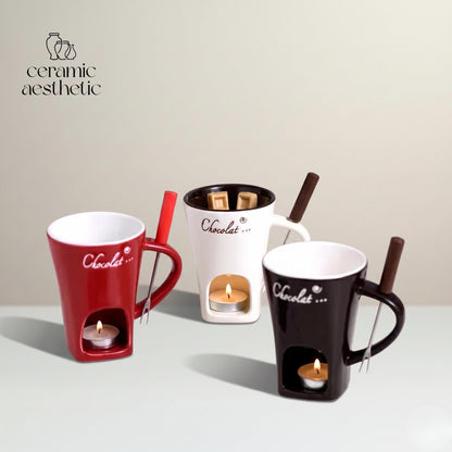 European Ceramic Melting Mug with Fork, Chocolate Cheese Fondue Cup