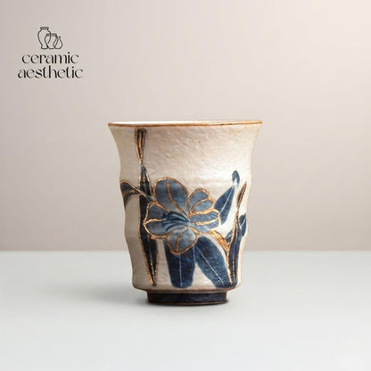 Hand-Painted Blue White Ceramic Teacup, Floral Pottery Cup, Japanese Style Espresso Cup