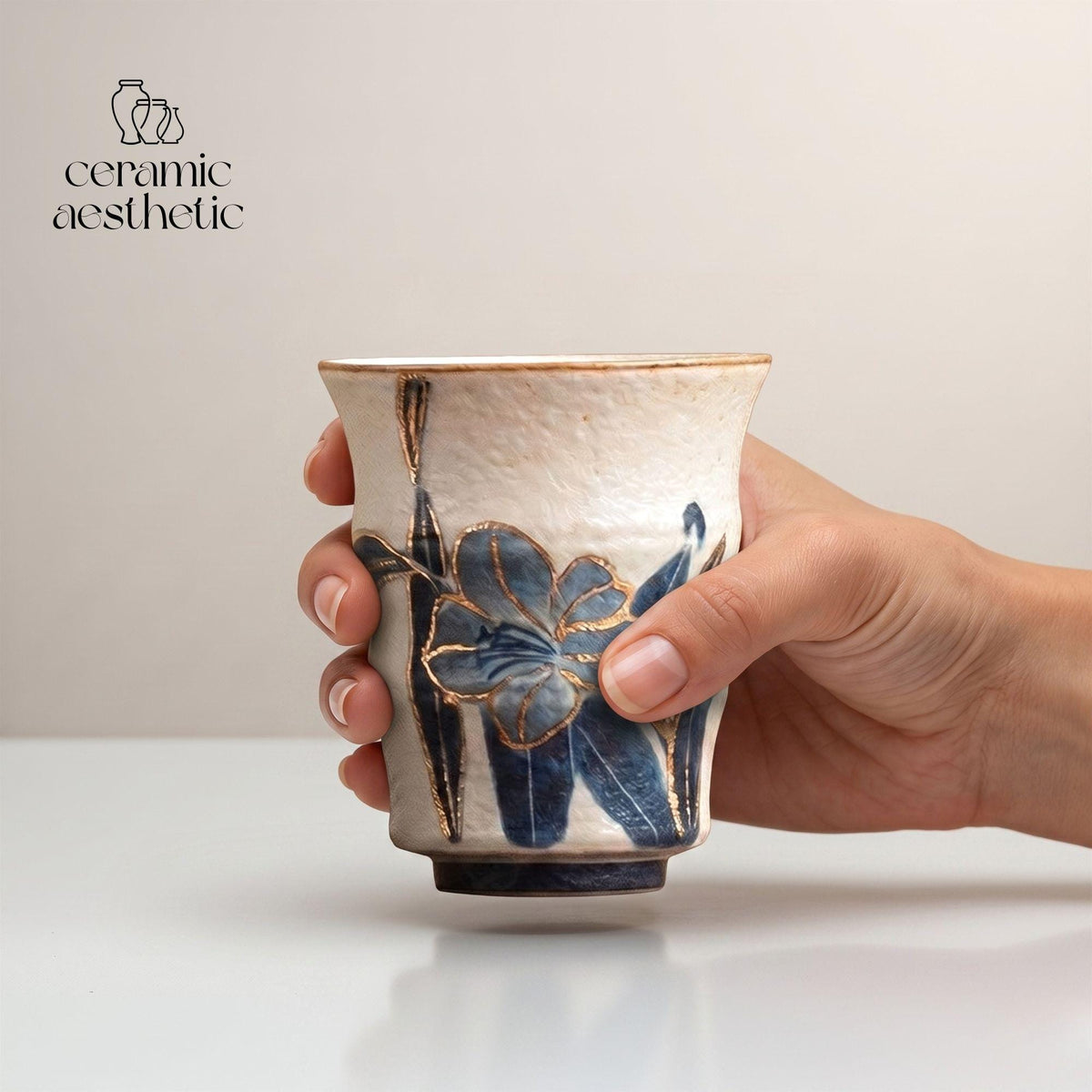 Hand-Painted Blue White Ceramic Teacup, Floral Pottery Cup, Japanese Style Espresso Cup