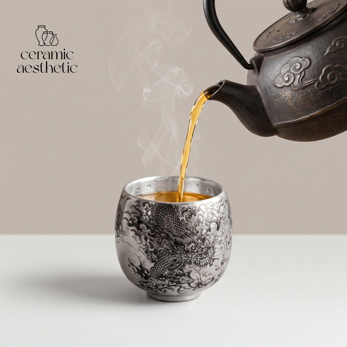 Handmade Ceramic Tea Cup, Japanese Dragon Design, Minimalist Espresso Cup