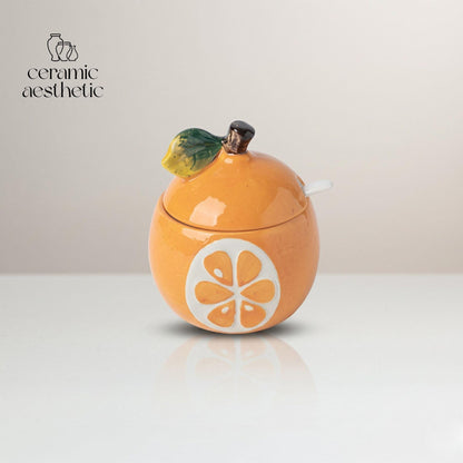 Ceramic Seasoning Fruit Jar Shape Condiment with Lid Spoon, Japanese Pottery Wabi Sabi Kitchen Decor
