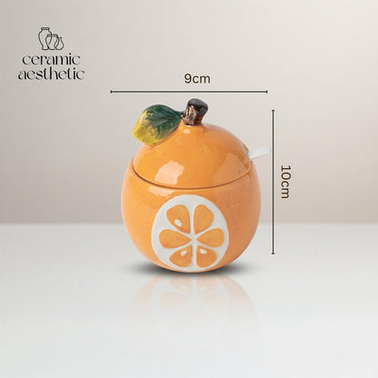 Ceramic Seasoning Fruit Jar Shape Condiment with Lid Spoon, Japanese Pottery Wabi Sabi Kitchen Decor