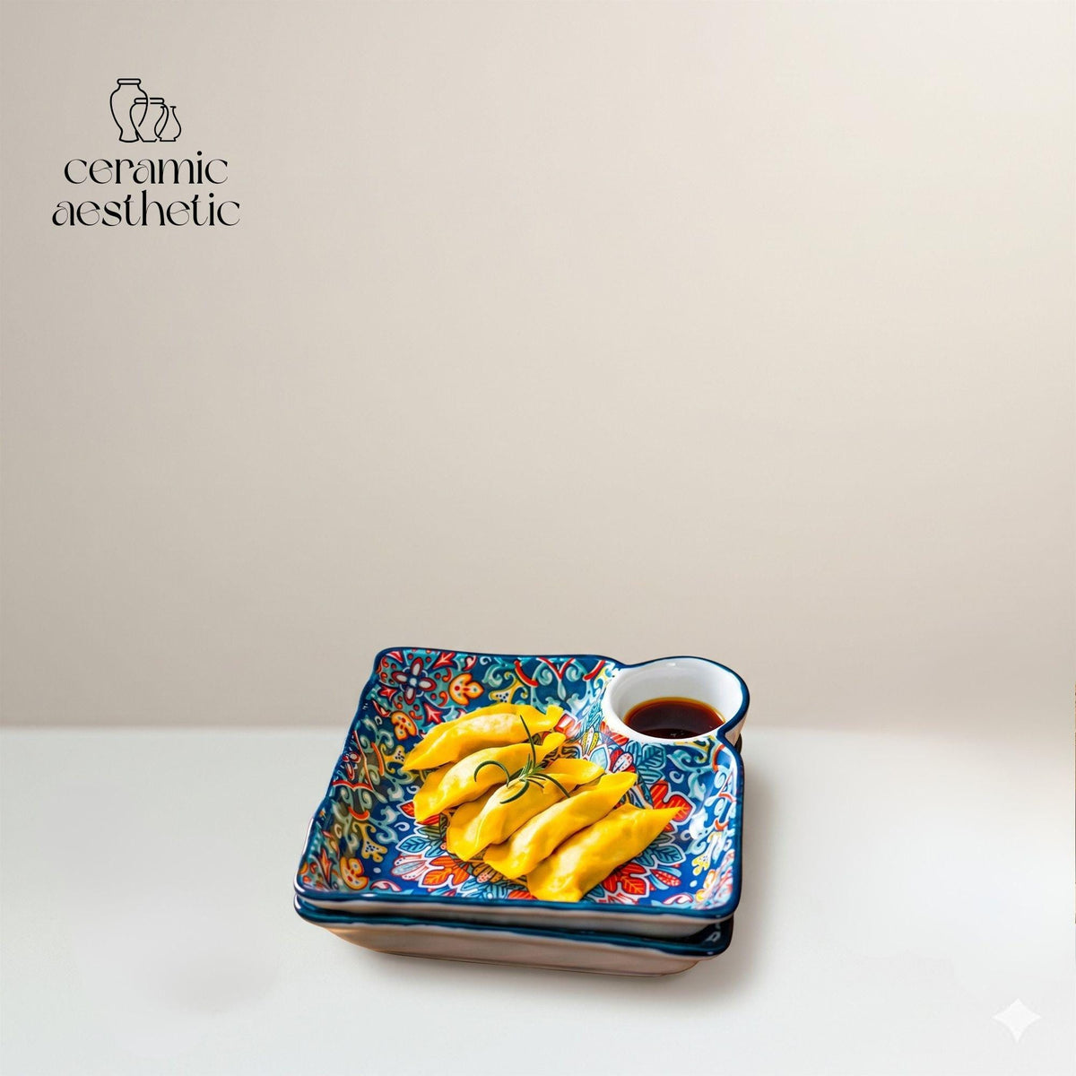 Ceramic Dumpling Plate, Asian Snack Tray, Gyoza Plate with Dipping Sauce Dish, Japanese Appetizer Serving Plate