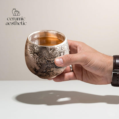 Handmade Ceramic Tea Cup, Japanese Dragon Design, Minimalist Espresso Cup