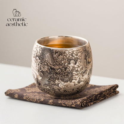 Handmade Ceramic Tea Cup, Japanese Dragon Design, Minimalist Espresso Cup