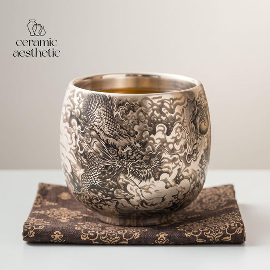 Handmade Ceramic Tea Cup, Japanese Dragon Design, Minimalist Espresso Cup