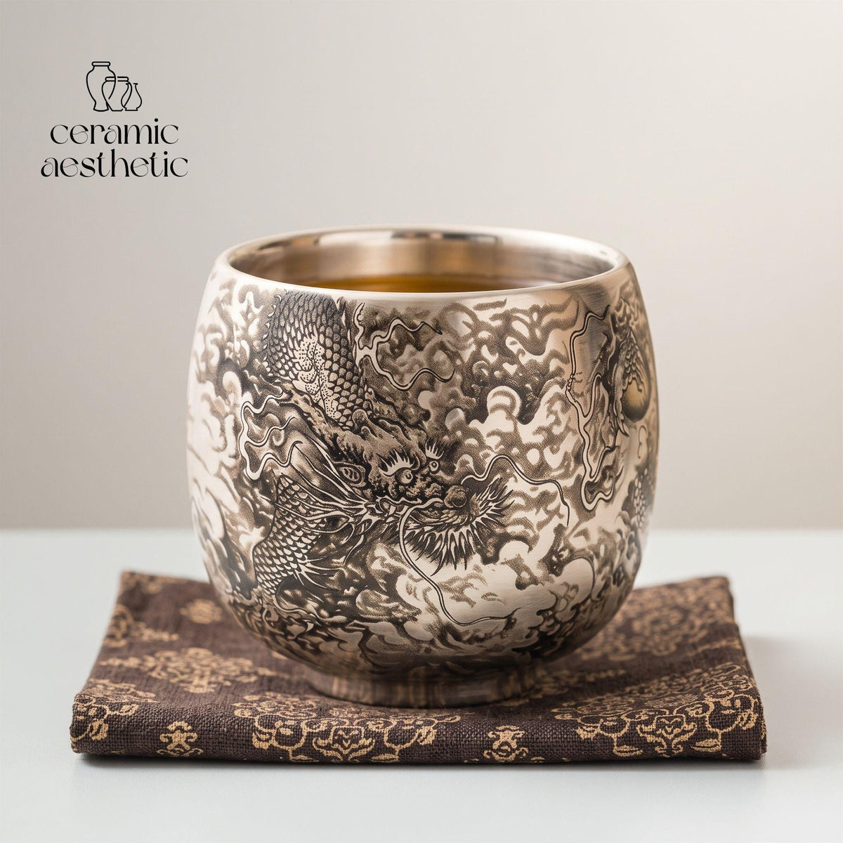 Handmade Ceramic Tea Cup, Japanese Dragon Design, Minimalist Espresso Cup