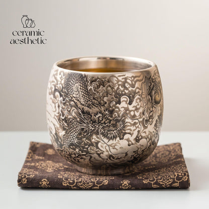 Handmade Ceramic Tea Cup, Japanese Dragon Design, Minimalist Espresso Cup