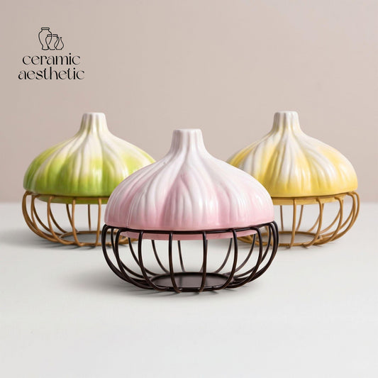 Ceramic Garlic Storage Basket, Kitchen Storage Jar, Food Organizer, Rustic Countertop Decor