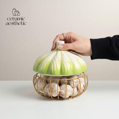 Ceramic Garlic Storage Basket, Kitchen Storage Jar, Food Organizer, Rustic Countertop Decor