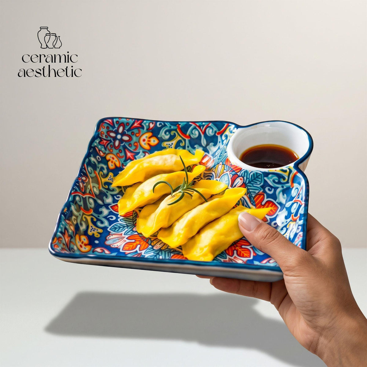 Ceramic Dumpling Plate, Asian Snack Tray, Gyoza Plate with Dipping Sauce Dish, Japanese Appetizer Serving Plate