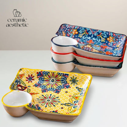 Ceramic Dumpling Plate, Asian Snack Tray, Gyoza Plate with Dipping Sauce Dish, Japanese Appetizer Serving Plate