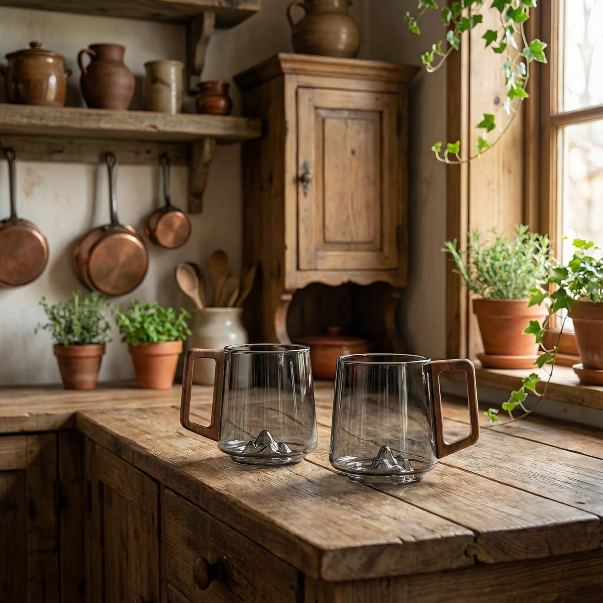 Smokey Gray Glass Slanted Coffee Cups With Wooden Handle
