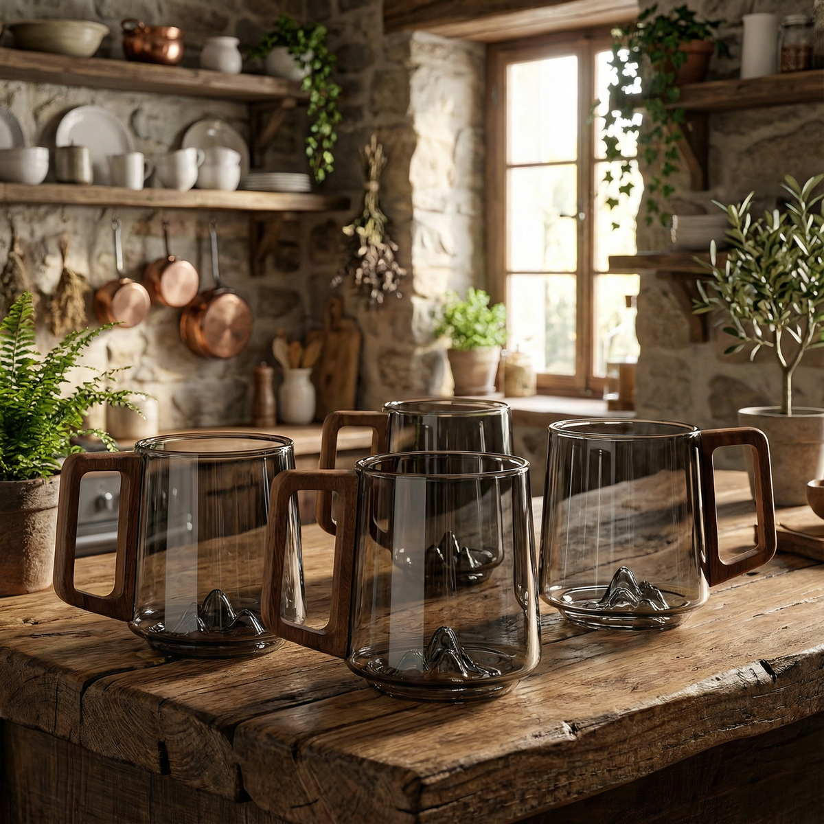 Smokey Gray Glass Slanted Coffee Cups With Wooden Handle