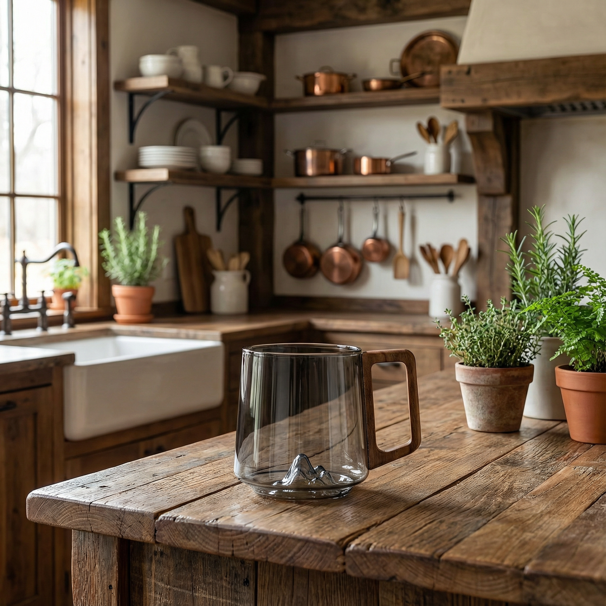 Smokey Gray Glass Slanted Coffee Cups With Wooden Handle