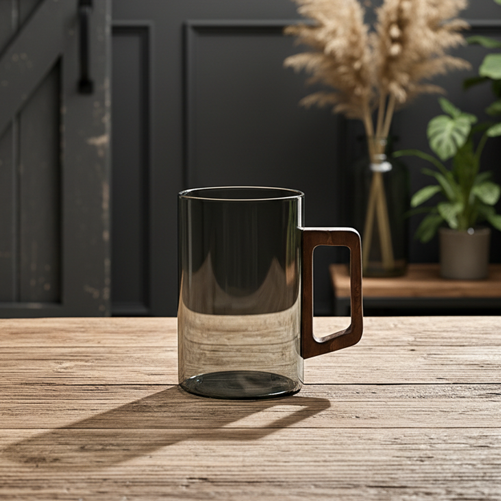 Smokey Gray Glass Coffee Cup With Wooden Handle