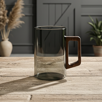 Smokey Gray Glass Coffee Cup With Wooden Handle